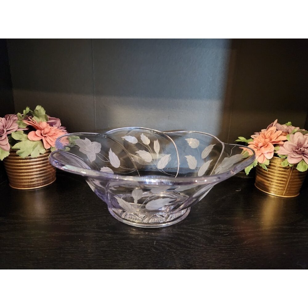 Vintage Glass Bowl With Etched Flowers and Leaves